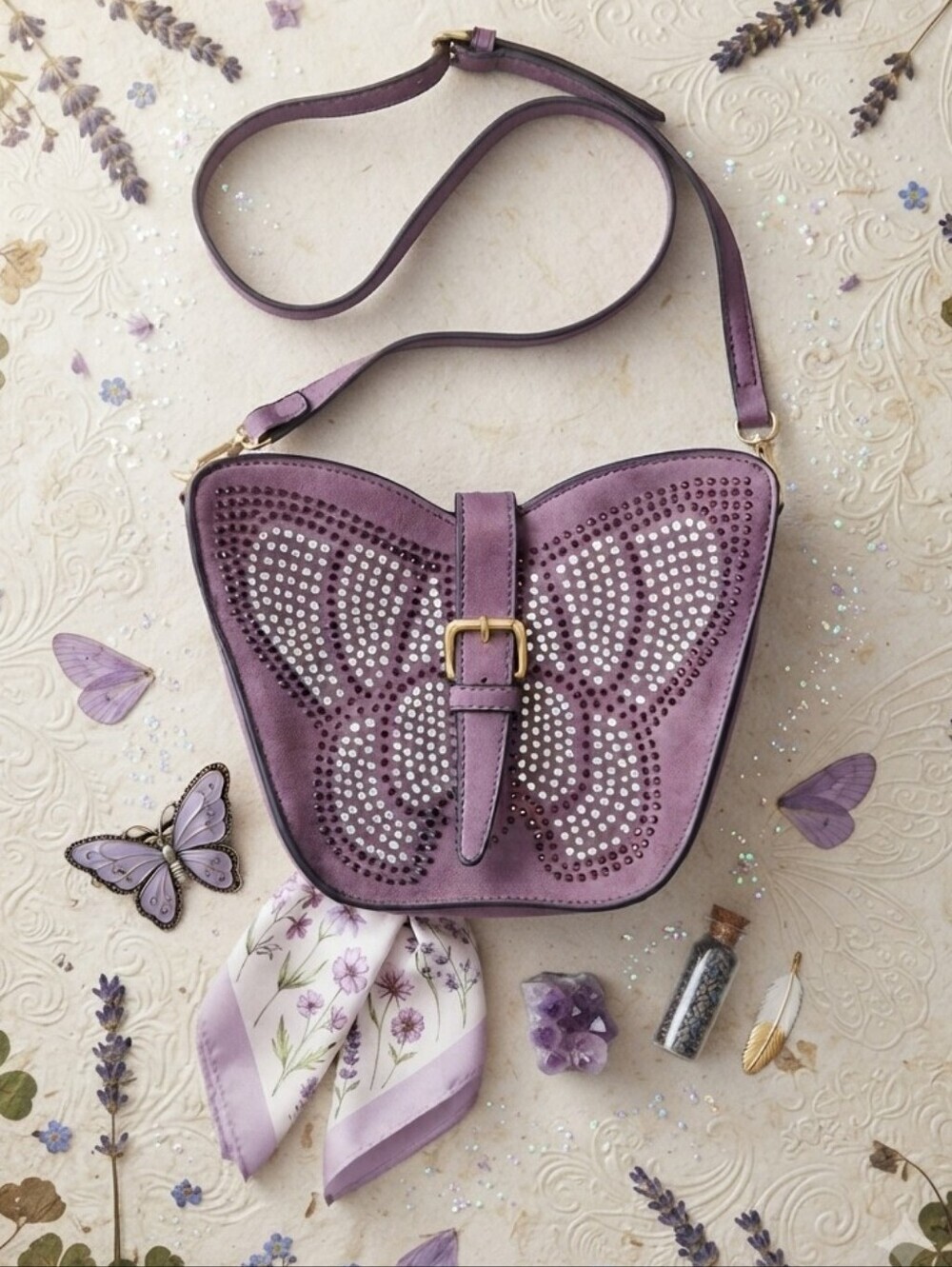 Mellow World Purple Rhinestone Butterfly Crossbody Purse
